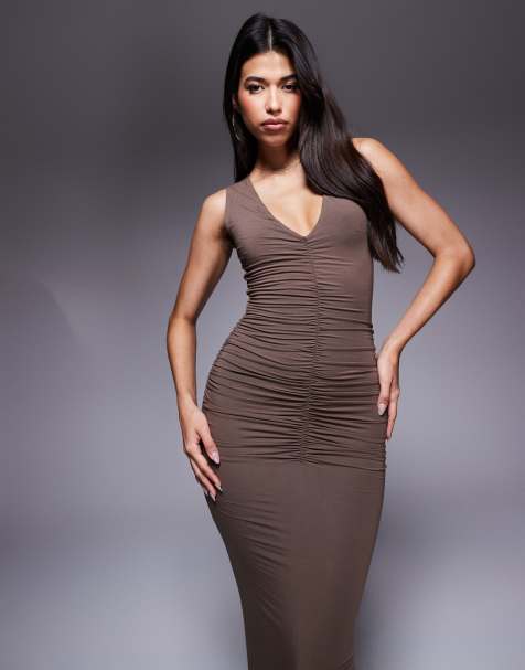 Wanderdoll Tate sculpting second skin plunge neck ruched detail sleeveless maxi dress in soft brown - view 1