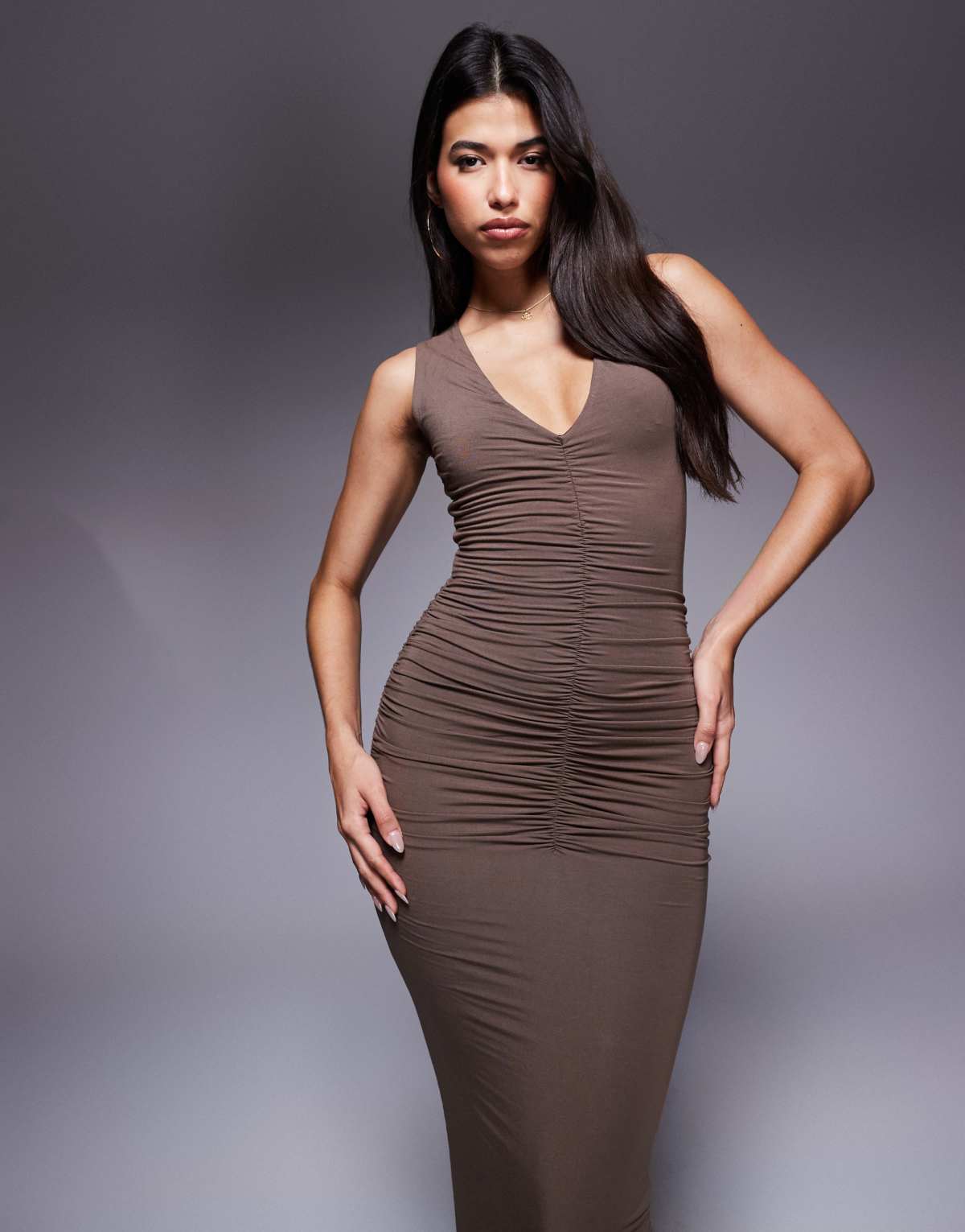 Wanderdoll Tate second skin slinky plunge neck ruched detail sleeveless maxi dress in grey mocha