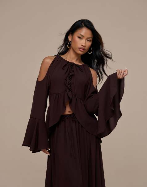 Wanderdoll - top de gasa de manga larga con cuello halter Meadow para conjunto en chocolate - view 1