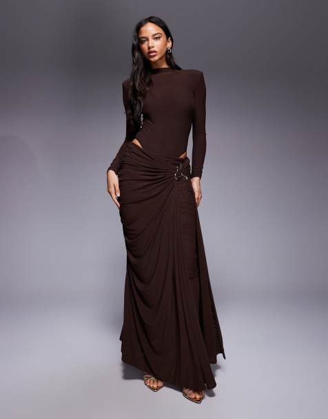 Wanderdoll triple layered mesh metal hardware gathered waist detail maxi skirt co-ord in espresso - view 1