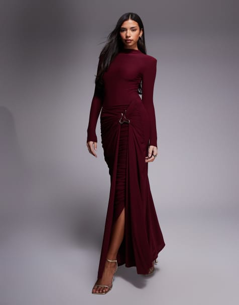 Wanderdoll triple layered mesh metal hardware gathered waist detail maxi skirt in burgundy (part of a set) - view 1
