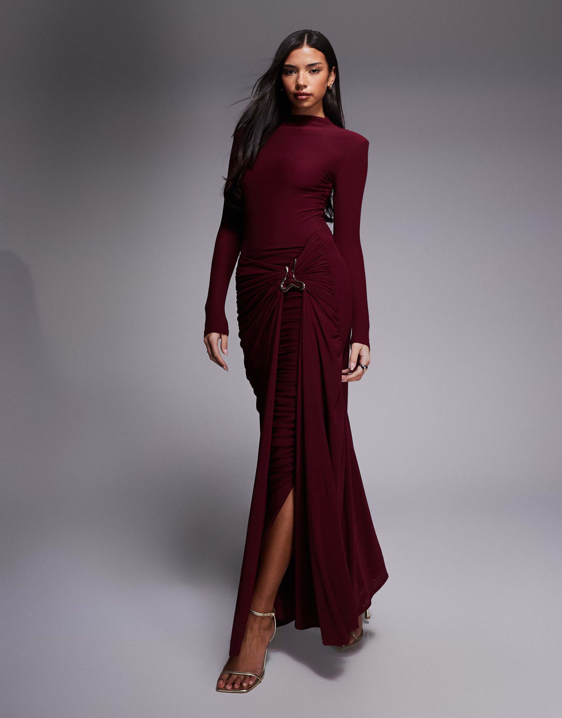 wanderdoll triple layered mesh metal hardware gathered waist detail maxi skirt in burgundy - part of a set