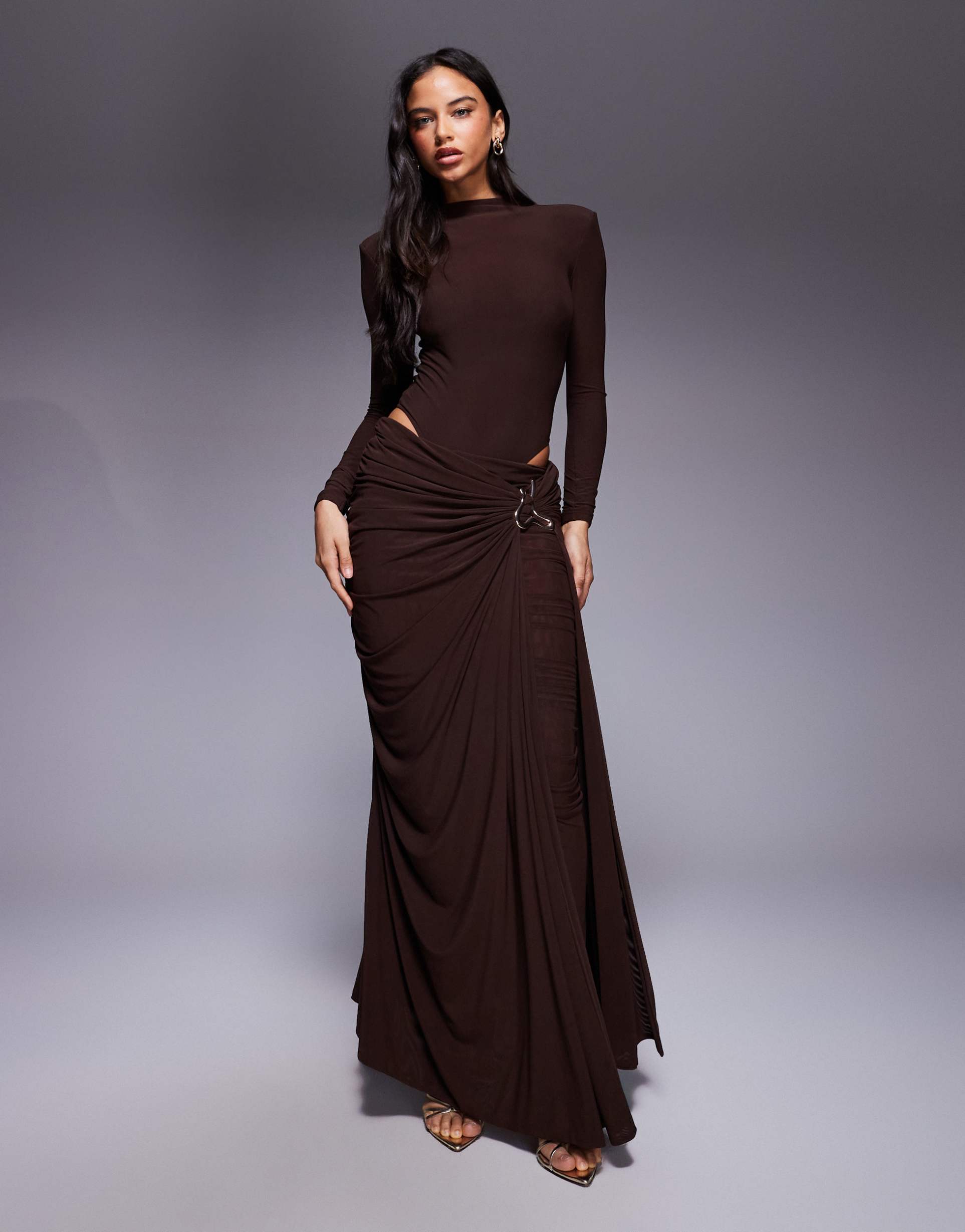 wanderdoll triple layered mesh metal hardware gathered waist detail maxi skirt in espresso - part of a set
