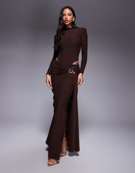 Wanderdoll triple layered mesh shoulder pad high neck long sleeve bodysuit and maxi skirt set in espresso - view 1