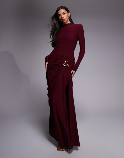 Wanderdoll triple layered sculpting mesh high neck shoulder pad detail bodysuit and maxi skirt co-ord in burgundy - view 1