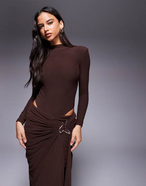 Wanderdoll triple layered sculpting mesh high neck shoulder pad detail bodysuit co-ord in espresso - view 1