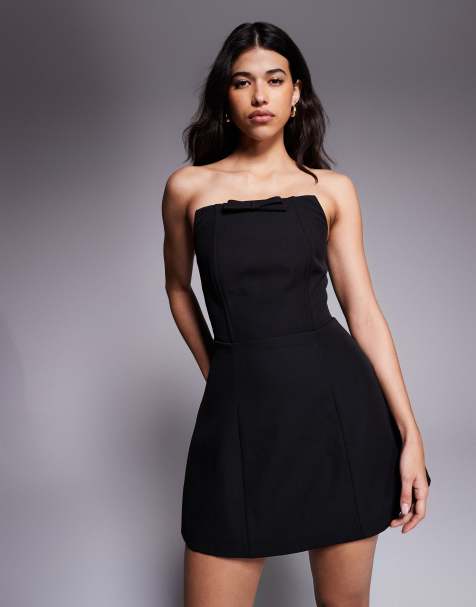 Wanderdoll - Vestito corto nero a fascia strutturato con fiocco e scollo squadrato - view 1