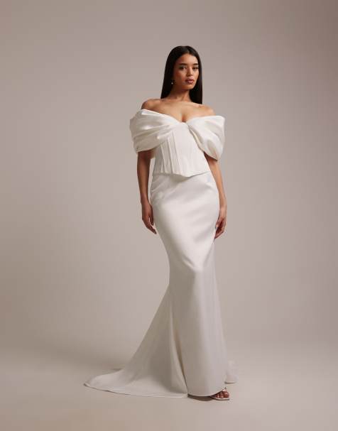Wanderdoll Vivienne Bridal heavy structured satin fishtail maxi skirt in white - part of a set - view 1