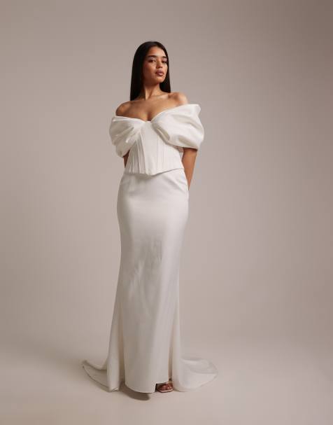 Wanderdoll Vivienne Bridal heavy structured satin off shoulder corset top and maxi skirt co-ord in white - view 1