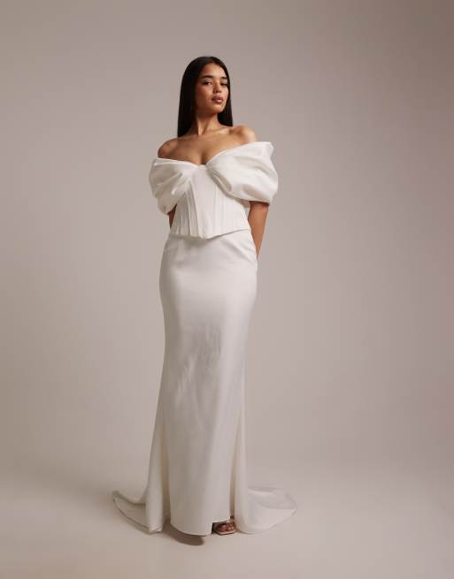 Wanderdoll - Vivienne - Coordinato da sposa bianco con gonna lunga e top a corsetto in raso pesante strutturato con spalle scoperte