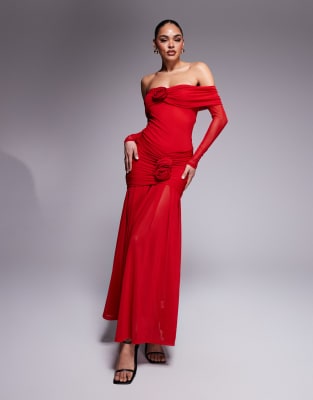 Vivienne mesh bardot foldover long sleeve maxi dress in red