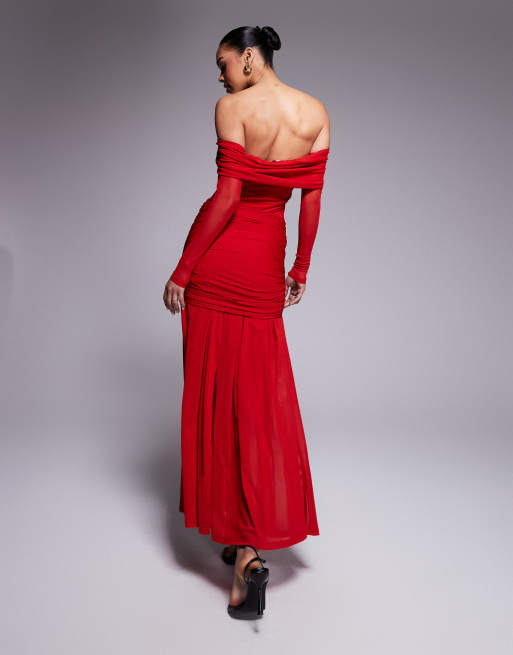 party dress midi MACloth Off the Shoulder Sheath Midi Cocktail Dress Red Formal Party Dress US18W / Custom Color