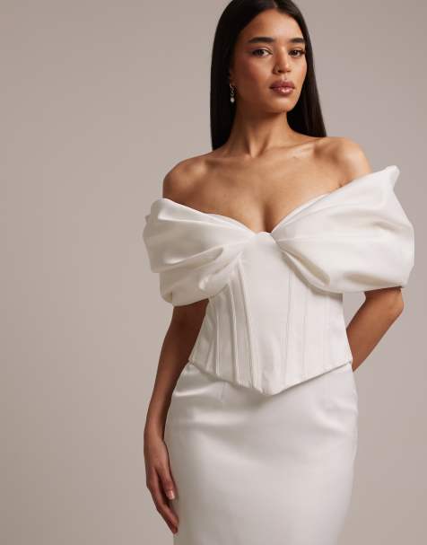 Wanderdoll - Vivienne - Top corset d'ensemble de mariée en satin structuré épais à épaules dénudées - Blanc - view 1