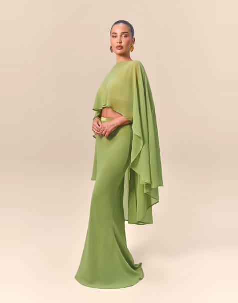 Wanderdoll x Emma Milton Cleo sheer chiffon drape high-low cape top and skirt set in chartreuse - view 1