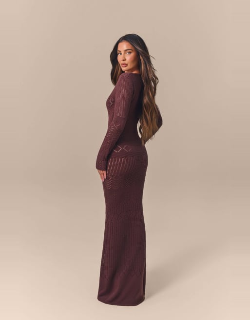 Wanderdoll x Emma Milton cotton crochet knit gold hardware keyhole front maxi dress in chocolate, 4 of 4