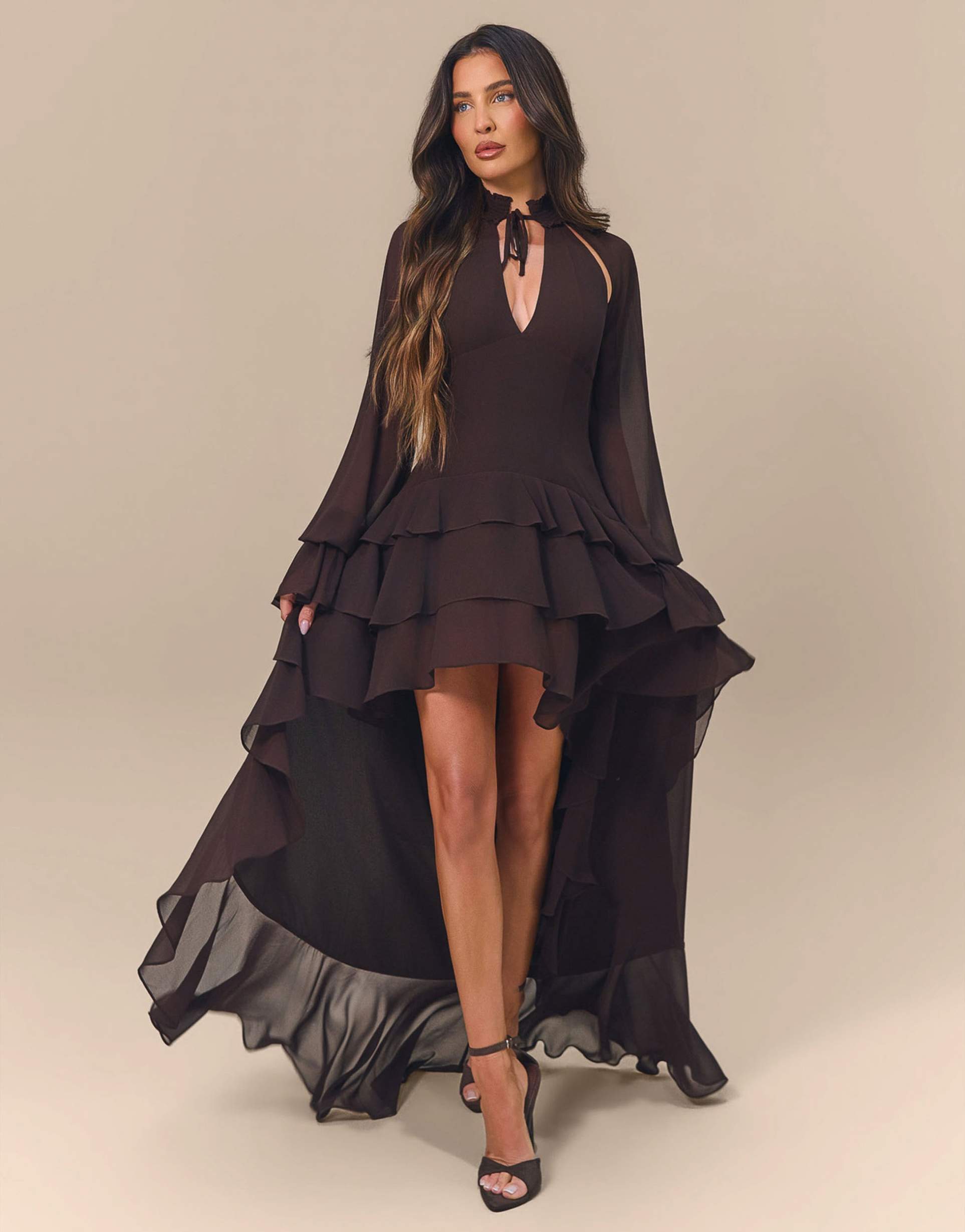 wanderdoll x emma milton fleur tie neck ruffle high-low hem chiffon maxi dress in chocolate