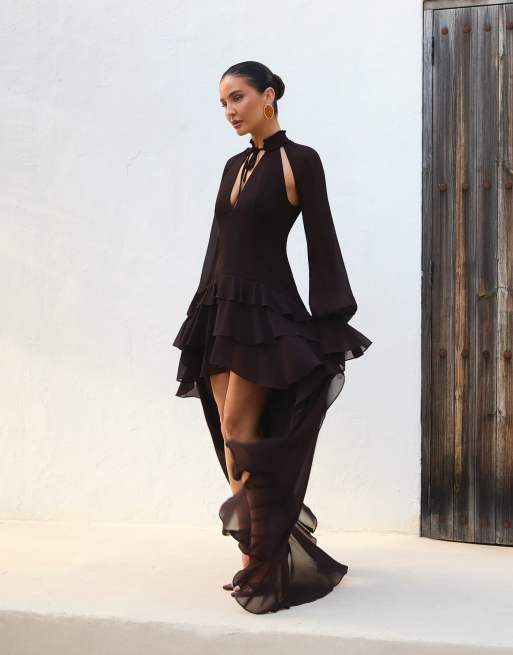 Wanderdoll x Emma Milton Fleur tie neck ruffle high-low hem chiffon maxi dress in chocolate, 2 of 4