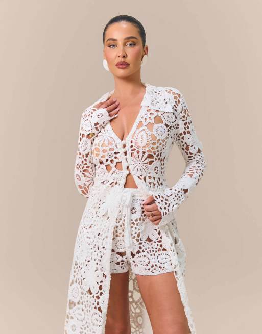 Wanderdoll x Emma Milton Kaiya premium lace crochet knit collared longline cardigan co-ord in white, 2 of 4