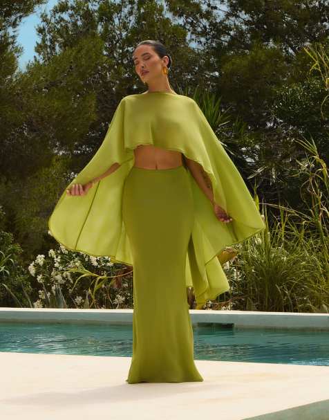 Wanderdoll x Emma Milton Primrose chiffon fishtail maxi skirt in chartreuse - view 1