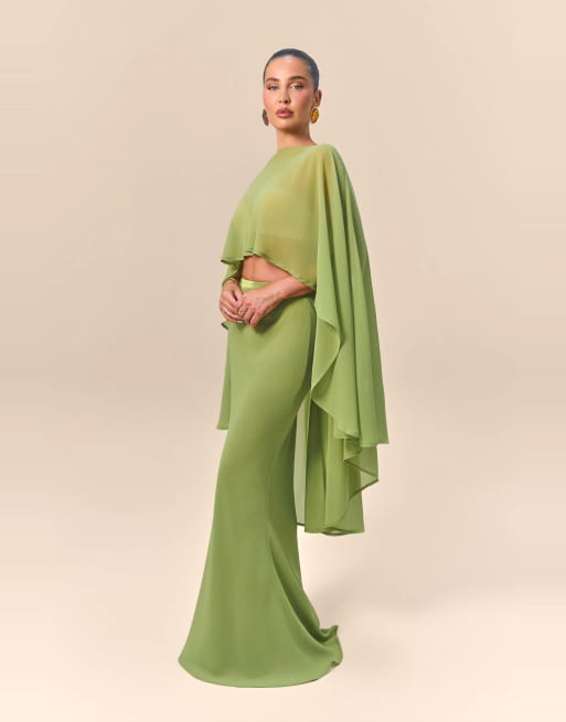 Wanderdoll x Emma Milton Primrose chiffon fishtail maxi skirt in chartreuse, 3 of 4