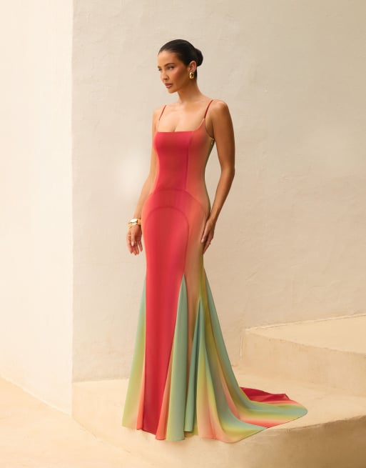 Wanderdoll x Emma Milton Rayne chiffon corset lace back godet detail maxi dress in red rainbow ombre