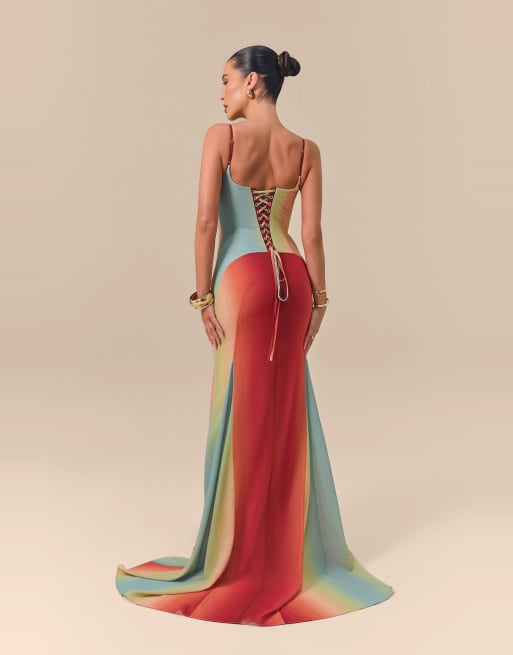 Wanderdoll x Emma Milton Rayne chiffon corset lace back godet detail maxi dress in red rainbow ombre