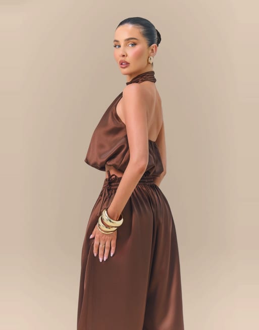 Wanderdoll  x Emma Milton Summa satin high neck halterneck bubble hem top co-ord in chocolate, 3 of 4