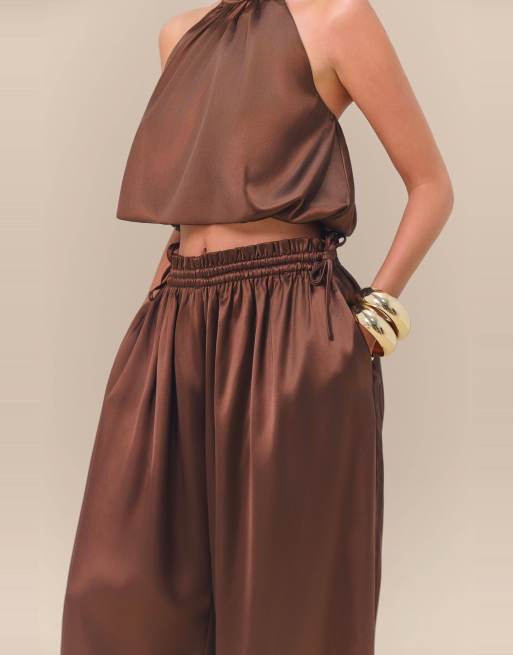 Wanderdoll  x Emma Milton Summa satin high neck halterneck bubble hem top co-ord in chocolate, 4 of 4
