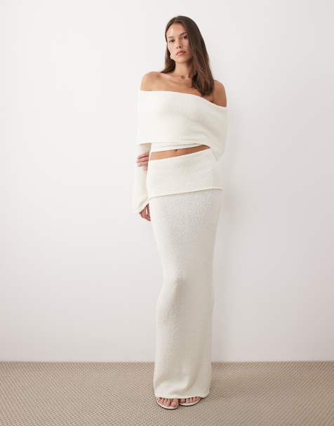 Wanderdoll Yasmin bardot boucle knit dramatic foldover flared sleeve top and maxi skirt co-ord in cream - view 1