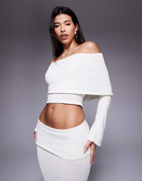 Wanderdoll Yasmin bardot boucle knit dramatic foldover flared sleeve top co-ord in cream - view 1