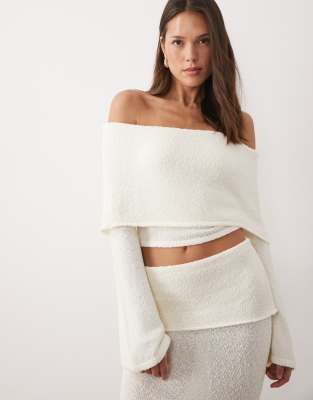 Wanderdoll Yasmin Bardot Boucle Knit Dramatic Foldover Flared Sleeve Top Co-ord In White