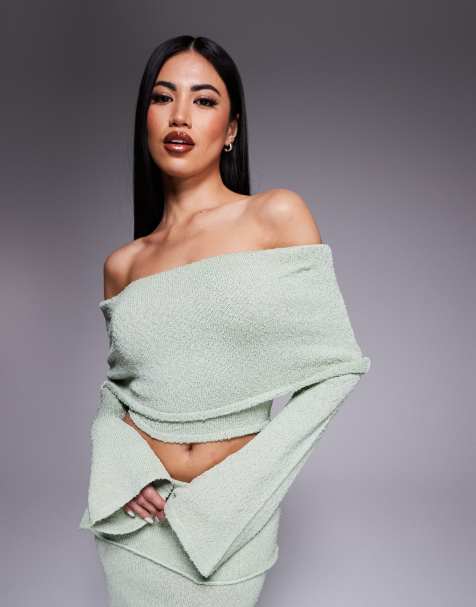 Wanderdoll Yasmin bardot boucle knit dramatic foldover flared sleeve top co-ord in sage - view 1