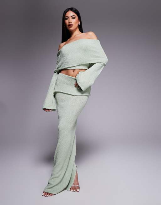 Wanderdoll Yasmin bardot boucle knit dramatic foldover flared sleeve top co-ord in sage, 3 of 4