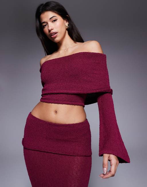 Wanderdoll Yasmin bardot boucle knit dramatic foldover flared sleeve top in cherry red (part of a set)