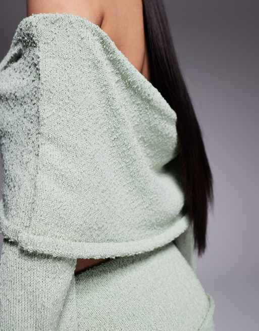 Wanderdoll Yasmin bardot boucle knit dramatic foldover flared sleeve top in sage (part of a set), 2 of 4