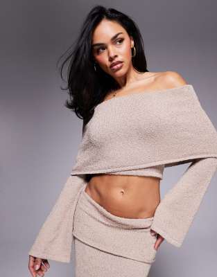 Wanderdoll Wanderdoll Yasmin boucle dramatic foldover flared sleeve top co-ord in taupe-Neutral