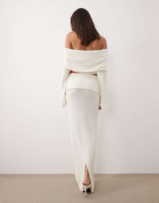 Wanderdoll Yasmin boucle knit dramatic foldover maxi skirt co-ord in cream, 5 of 5