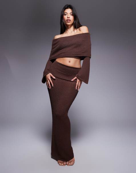 Wanderdoll Yasmin boucle knit dramatic foldover maxi skirt co-ord in dark chocolate