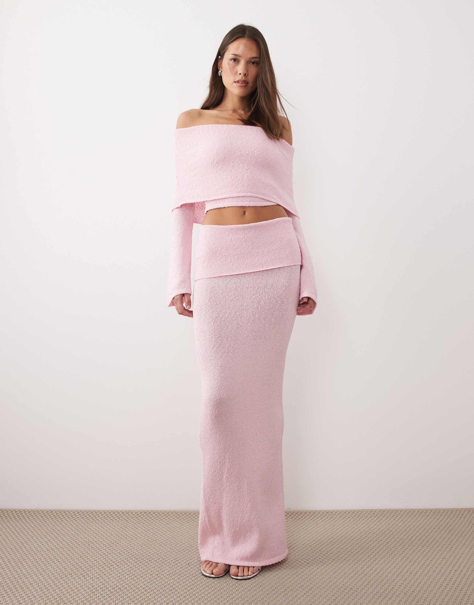wanderdoll yasmin bouclé knit dramatic foldover maxi skirt in baby pink - part of a set
