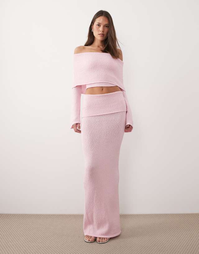 Wanderdoll Yasmin bouclé knit dramatic foldover maxi skirt in baby