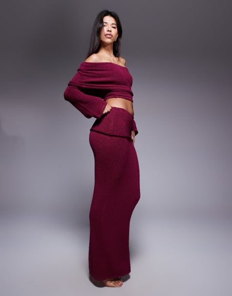 Wanderdoll exclusive Yasmin boucle knit dramatic foldover maxi skirt co-ord in cherry