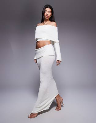 Yasmin boucle knit dramatic foldover maxi skirt in cream - part of a set-White