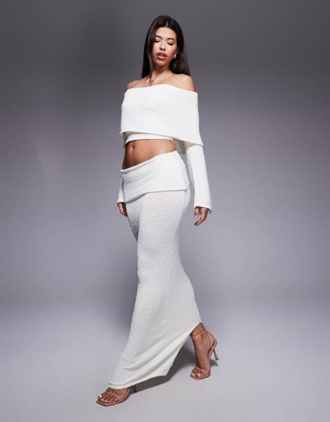 Wanderdoll Yasmin boucle knit dramatic foldover maxi skirt co-ord in cream