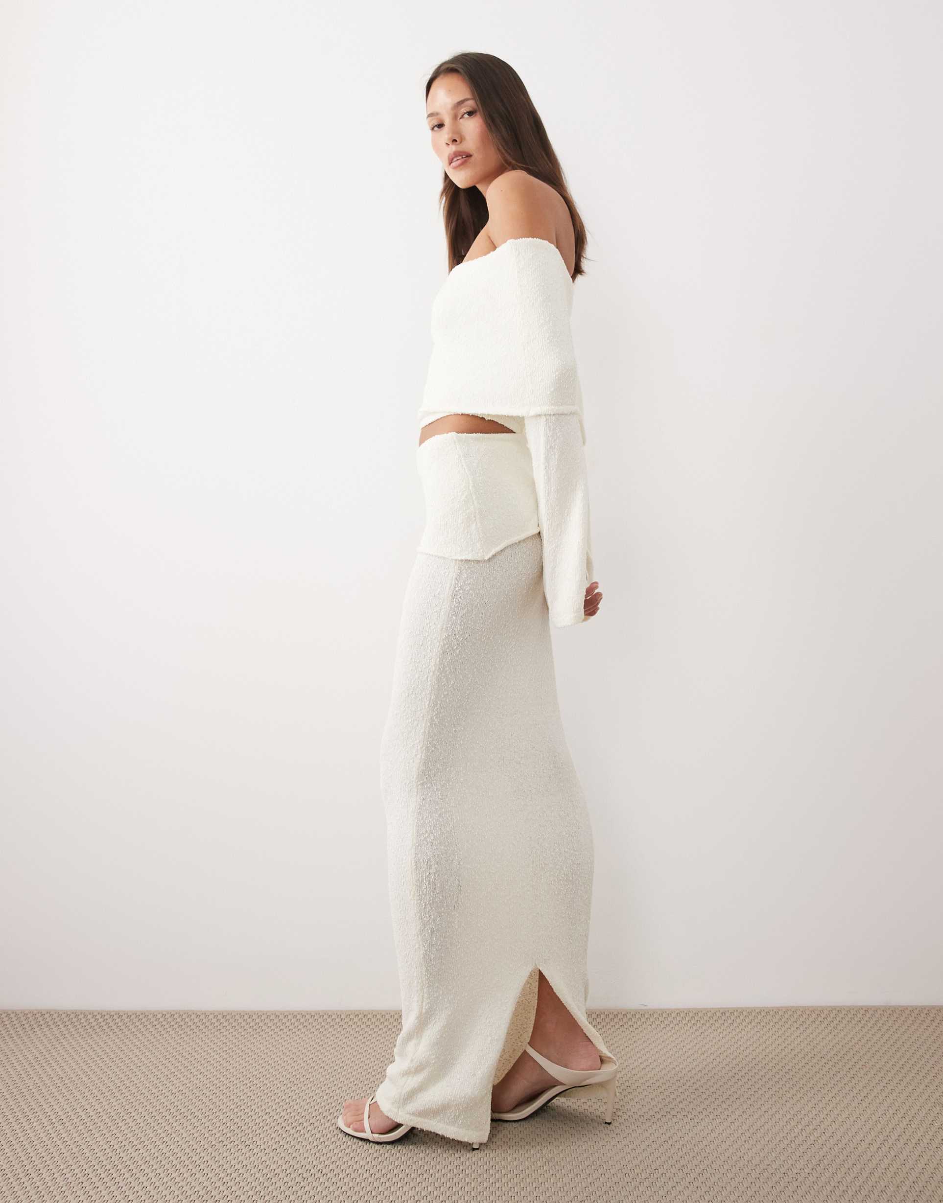 wanderdoll yasmin boucle knit dramatic foldover maxi skirt in cream - part of a set