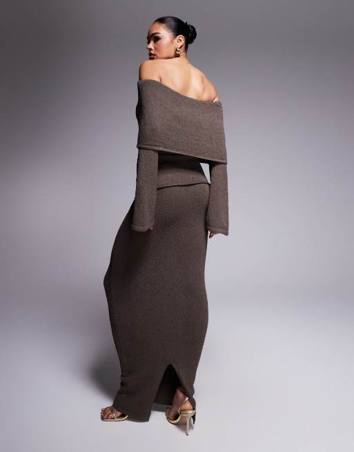 Wanderdoll Yasmin boucle knit extreme foldover top and maxi skirt set in chocolate, 3 of 4