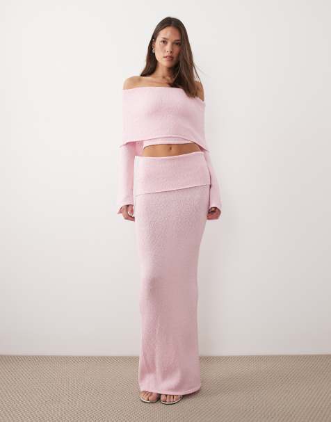 Wanderdoll – Yasmin – Jasnoróżowa spódnica maxi z wywiniętą talią z dzianiny boucle, część zestawu - view 1