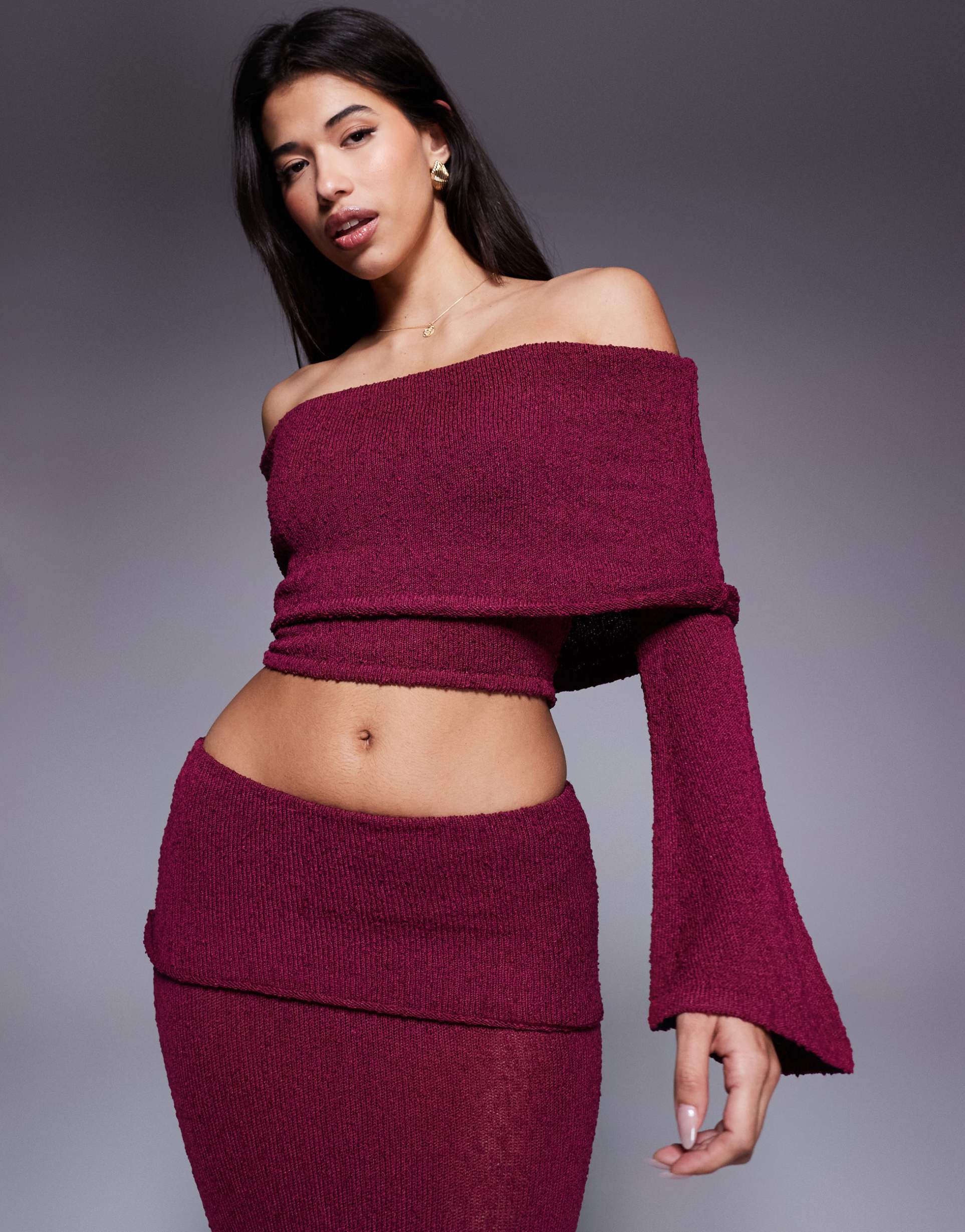 wanderdoll yasmin off the shoulder boucle knit dramatic foldover flared sleeve top in cherry - part of a set