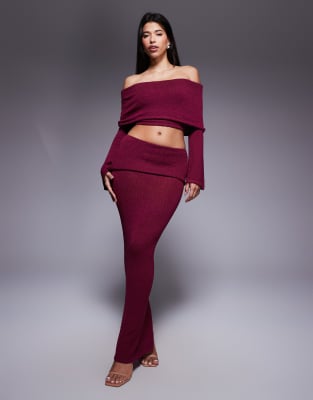Wanderdoll Yasmin Off The Shoulder Boucle Knit Dramatic Foldover Flared Sleeve Top In Red