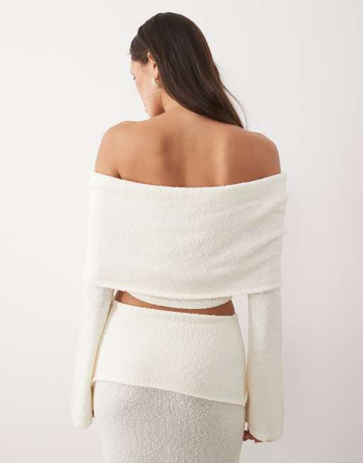 Wanderdoll Yasmin off the shoulder boucle knit dramatic foldover flared sleeve top in cream - part of a set, 3 of 4