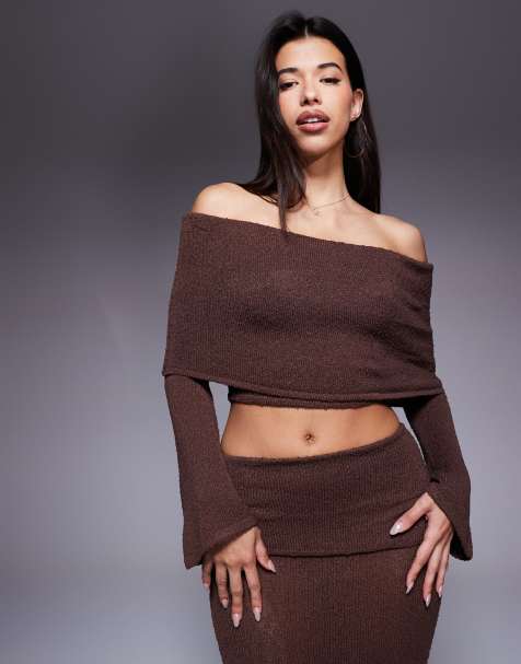 Wanderdoll Yasmin off the shoulder boucle knit dramatic foldover flared sleeve top in dark chocolate - part of a set - view 1